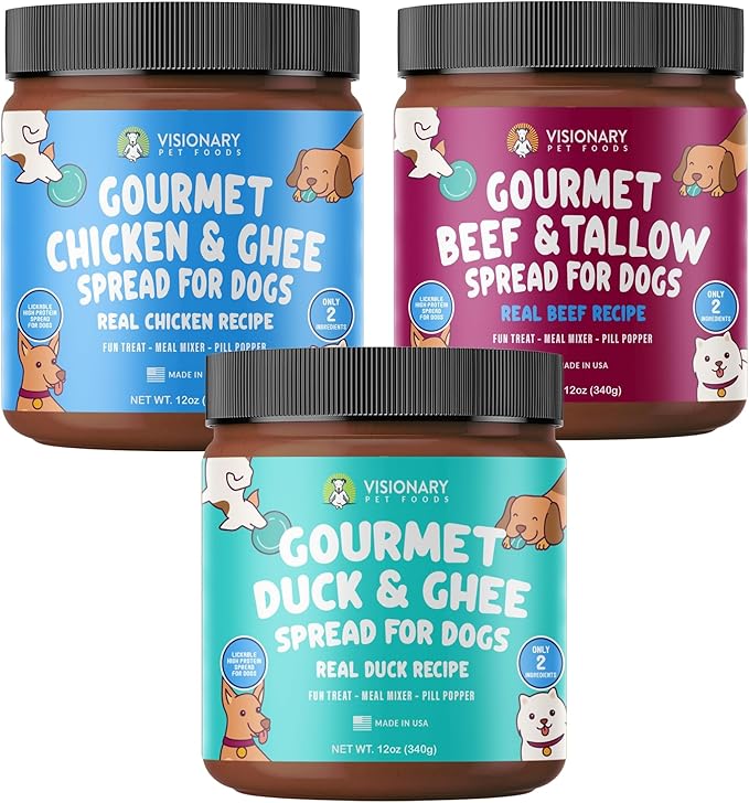 Visionary Pet Foods Chicken, Duck, Beef Meat Spread Treat Bundle - Healthy Alternative to Dog Peanut Butter, Xylitol Free and No Added Sugar - Use on Dog Lick Mat, Food Mixer, Pill Pockets - 12oz x3