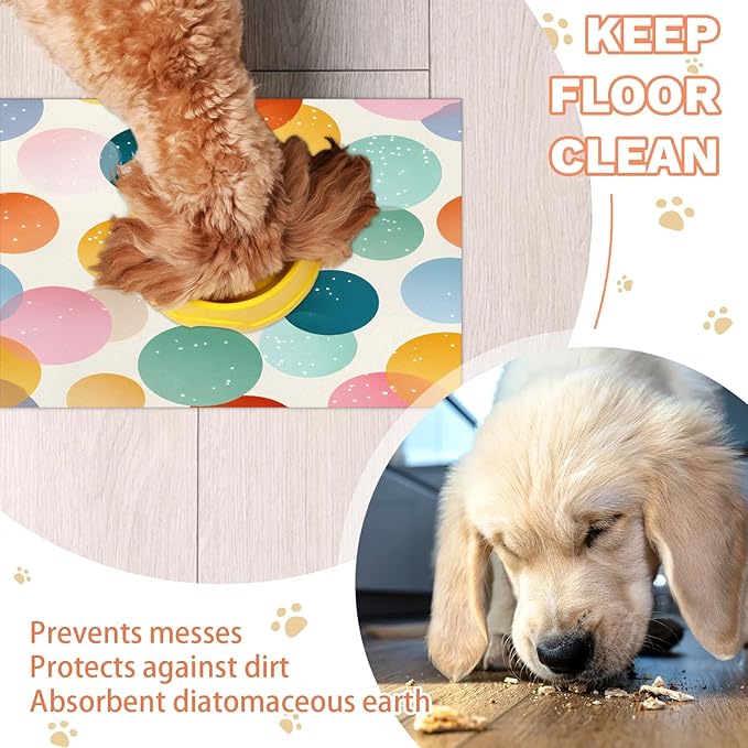 Polka Dot Dog Food Mat for Floors Absorbent Dog Bowl Mat for Food and Water Dispenser Quick Dry Cat Food Placemat Pet Supplies 16" x 24", Circle