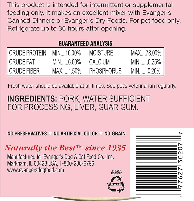 Evanger's Complements Grain Free Pork for Dogs & Cats – 12 Count, 12.5 oz Each – Single Protein, Grain & Gluten Free, Limited Ingredients, Nutrient-Rich Broth – Wet Dog & Cat Food