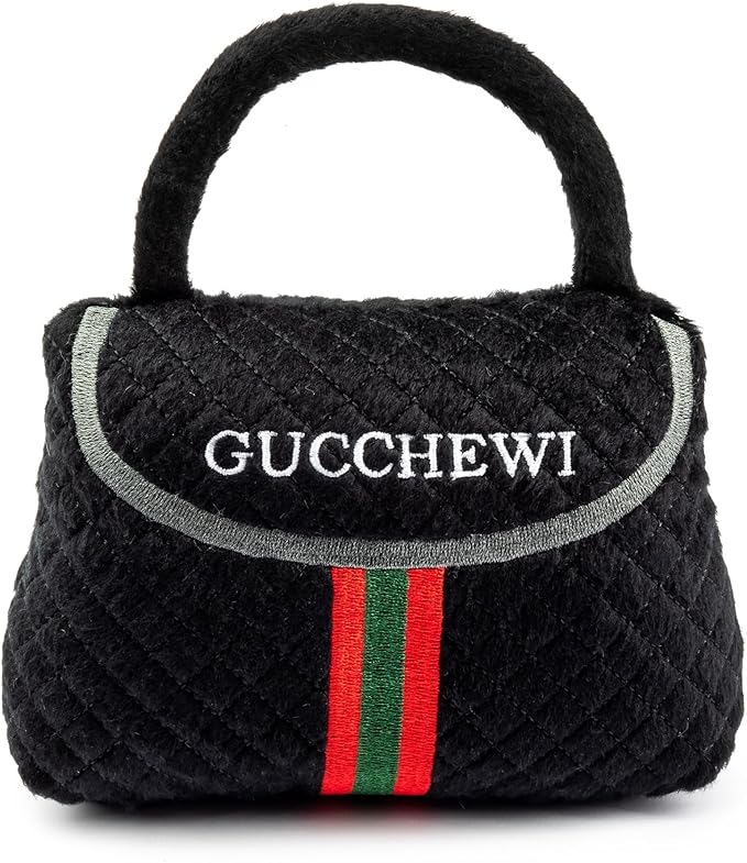 Dog Diggin Designs Gucchewi Striped Plush Dog Toy Purse | Luxury-Inspired Parody Designer Handbag with Squeaker, Soft Plush Fashion Dog Toy – Haute Couture Purses & Handbags
