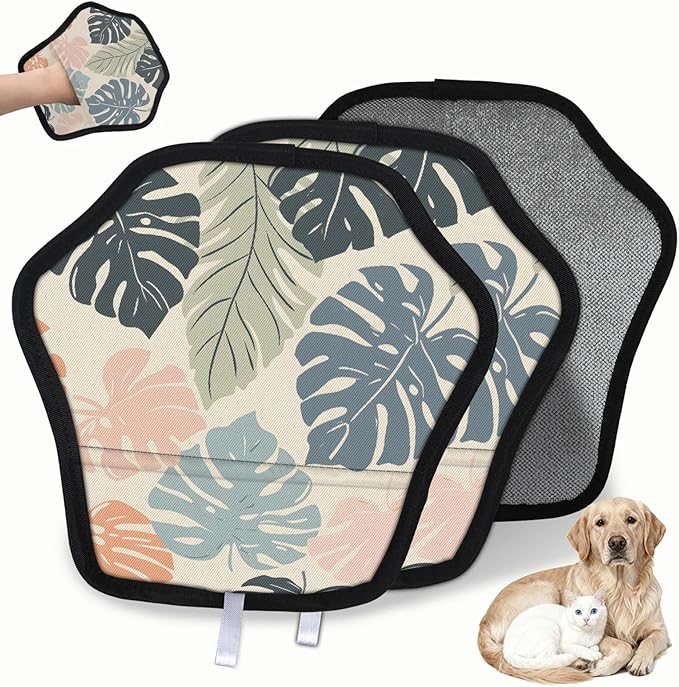 Reusable Pet Hair Removal Glove Cute Palm Leaves Magic Brush for Cat & Dog Hair Remover for Car, Sofa, Bedding, Clothes - 9x9 Mitt Washable