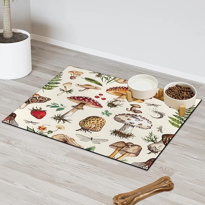 Cute Mushroom Dog Food Mat for Floors Absorbent Dog Bowl Mat for Food and Water Dispenser Quick Dry Cat Food Placemat Pet Supplies 17" x 30", Fall Plant