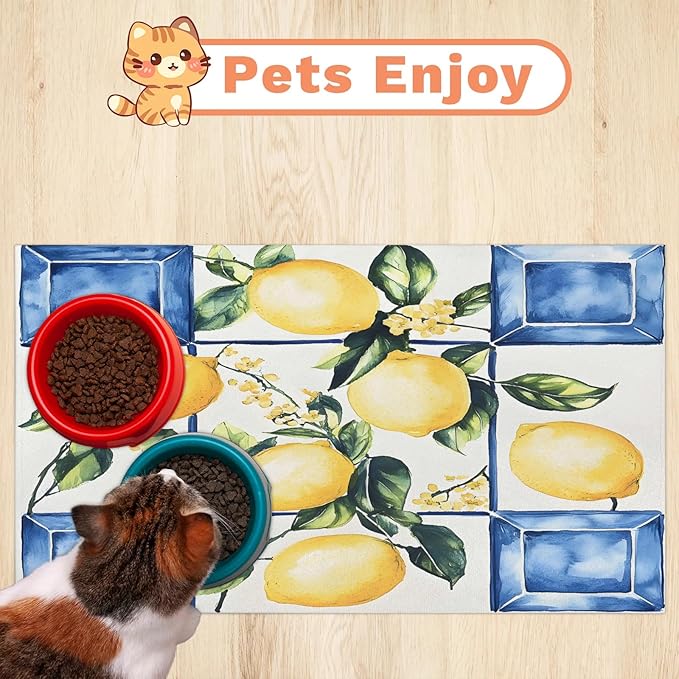 Lemon Dog Food Mat for Floors Absorbent Dog Bowl Mat for Food and Water Dispenser Quick Dry Cat Food Placemat Pet Supplies 12" x 20", Tile Leaves