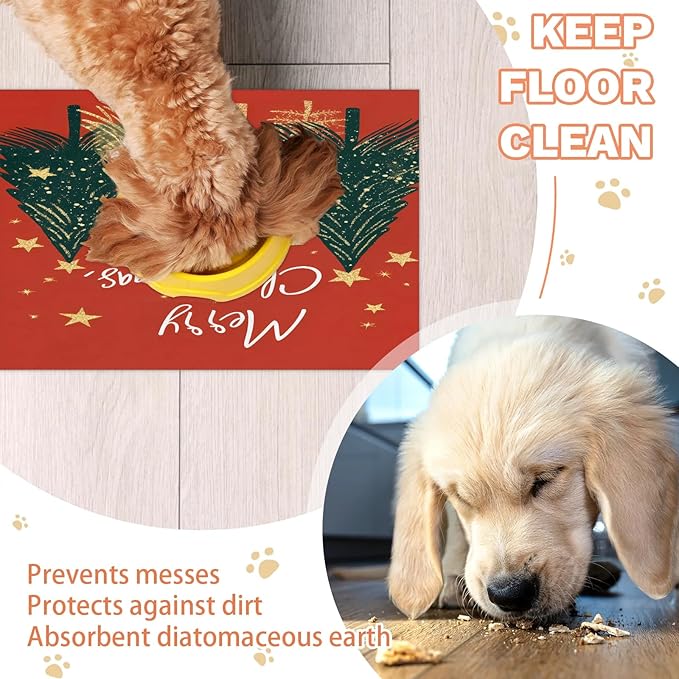 Merry Christmas Dog Food Mat for Floors Absorbent, Quick Dry Water Dispenser Mat for Food, Water, Pet Supplies 12" x 20", Christmas Tree