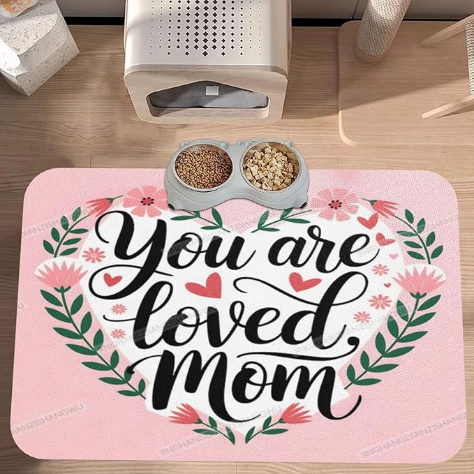 Pet Feeding Mat Happy Mother's Day Floral Gift Mom Pink Cq Dog Food Mat for Food Water No Stains Quick Dry Dispenser Cat Bowl Mats for Messy Drinkers 24x16In