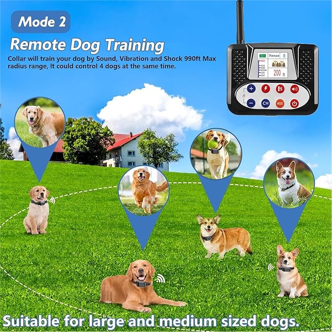 Wireless Dog Fence, Electric Dog Fence & Remote Training Shock Collar 2-in-1,Waterproof Rechargeable, Cover Up to 8 Acre, Portable Pets Safe Containment System for Outdoor,Yard,Indoor,,for4dogs