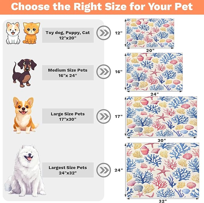 Nautical Beach Dog Food Mat for Floors Absorbent Dog Bowl Mat for Food and Water Dispenser Quick Dry Cat Food Placemat Pet Supplies 12" x 20", Watercolor Coral