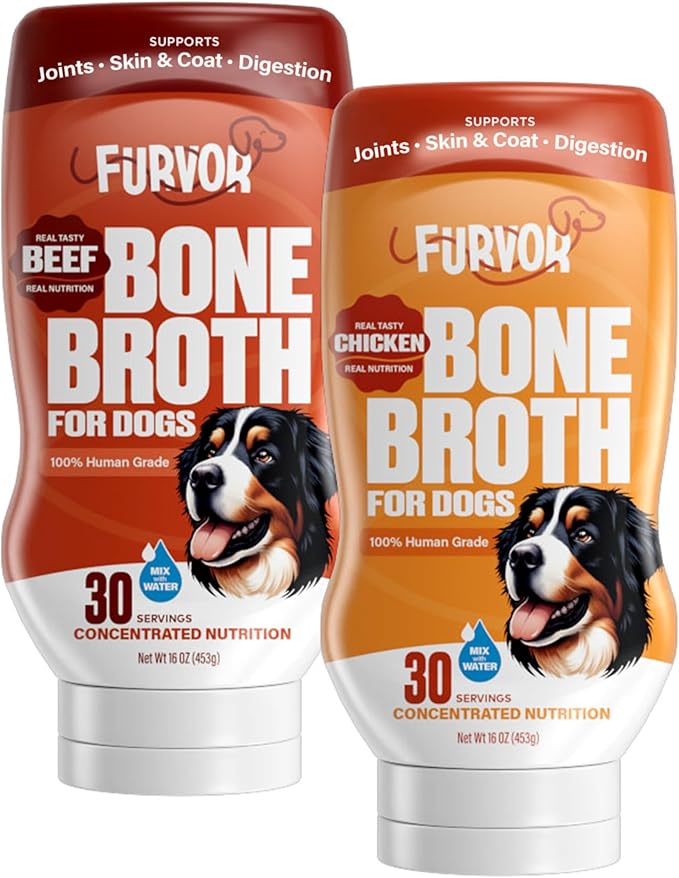 Furvor Beef & Chicken Bone Broth Concentrate for Dogs - Collagen Protein Supplement for Digestion, Mobility, Coat, Immune System, Joints - Healthy Dog Food Topper - Human Grade (2pk, 60 Servings)
