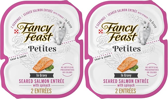 Fancy Feast Purina Petites Seared Salmon Entree with Spinach in Gravy Gourmet Wet Cat Food - 2.8 oz. Tubs,(Pack of 24)