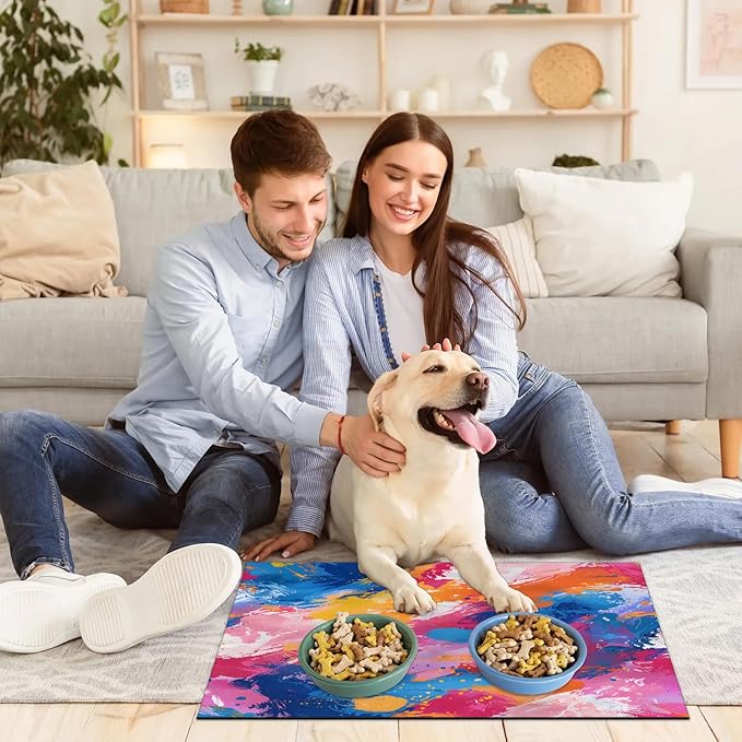 Colorful Graffiti Dog Food Mat for Floors Absorbent Dog Bowl Mat for Food and Water Dispenser Quick Dry Cat Food Placemat Pet Supplies 16" x 24", Watercolor Abstract