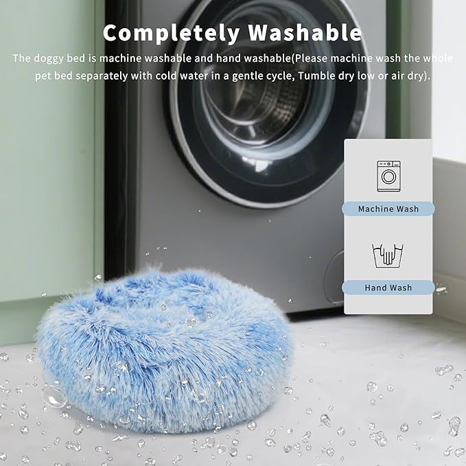 Blue and White Dog Bed Small Washable,Calming Dog Bed for Small Dogs,15 inches Donut Fluffy Pet Beds,Anti Anxiety Round Fits up to 5 lbs Soft Warm Pets Beds for Puppy Dogs Indoor