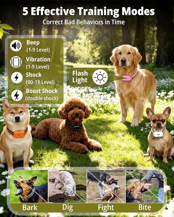 4 Dog Training Collar with Remote Control(5–150Lbs), 4400FT Waterproof Shock Collar for Dogs 4 Pack Rechargeable 5 Training Modes Electric Dog Collar with Light, E Collars for Small Medium Large Dogs