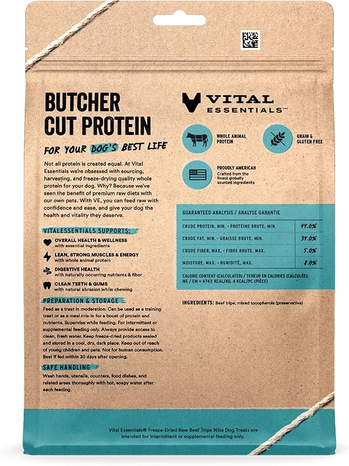 Vital Essentials Freeze Dried Dog Treats | Beef Tripe Nibs (Large Bites), Single Protein | Premium Quality | Grain Free Training Treats for Dogs, 14 oz Bag