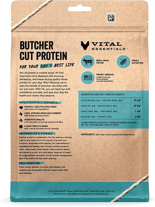 Vital Essentials Freeze Dried Dog Treats | Beef Tripe Nibs (Large Bites), Single Protein | Premium Quality | Grain Free Training Treats for Dogs, 14 oz Bag