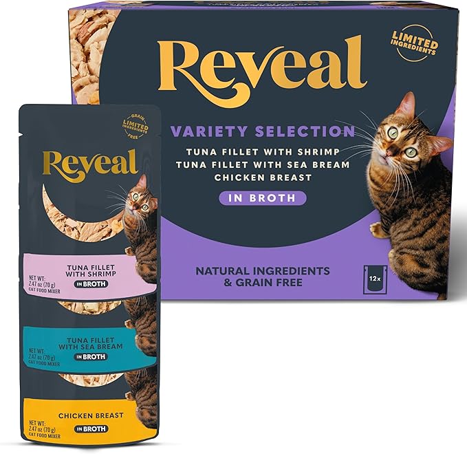 Reveal Natural Wet Cat Food, 12 Count, Grain Free, Limited Ingredient Cat Food Pouches, Fish and Chicken Variety in Broth, 2.47 oz Pouches
