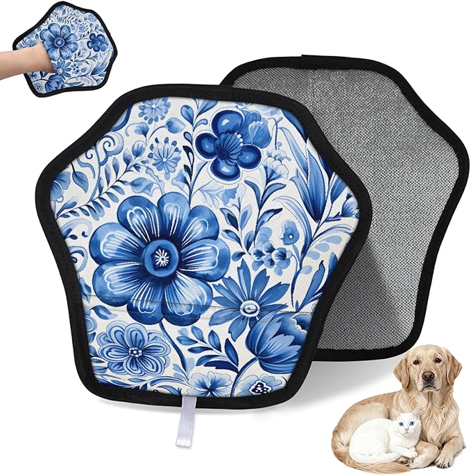 Reusable Pet Hair Removal Glove Blue Flowers Magic Brush for Cat & Dog Hair Remover for Car, Sofa, Bedding, Clothes - 9x9 Mitt Washable