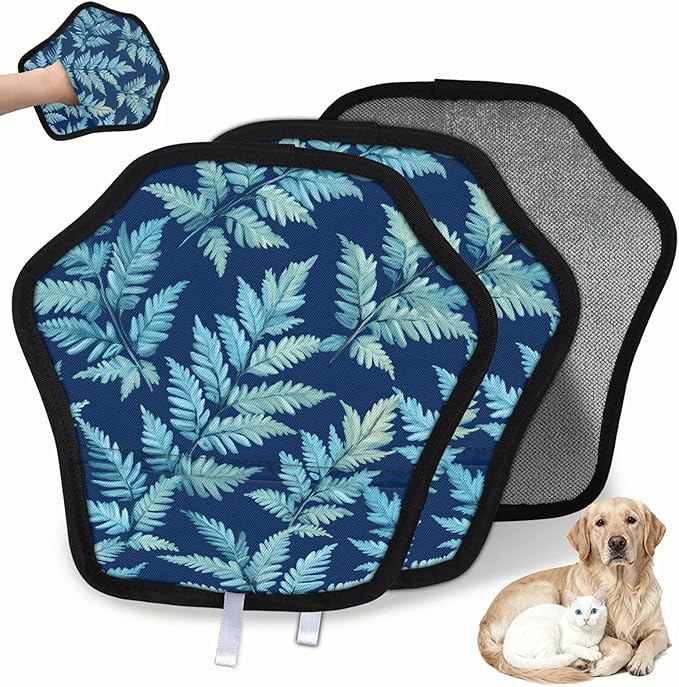 Fern Leaves Theme Electrostatic Pet Hair Removal Glove for Cats & Dogs - Reusable Grooming Mitt for Couch, Carpet, Car Seat & Laundry - Large 9x9 Inch