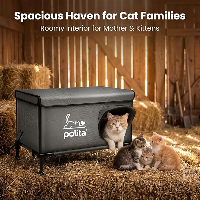 Polita Indestructible Heated Cat House for Outdoor Cats All Seasons, Extremely Insulated & 100% Weatherproof, Elevated Feral Cat Shelter with Waterproof Eaves &Safe Escape Door for Stray & Barn Cats