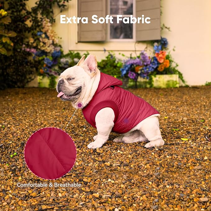 Fleece Lining Dog Hoodie with Harness Built in,Extra Warm Medium Dog Jacket in Winter Doggie Coats with Hooded,Red L
