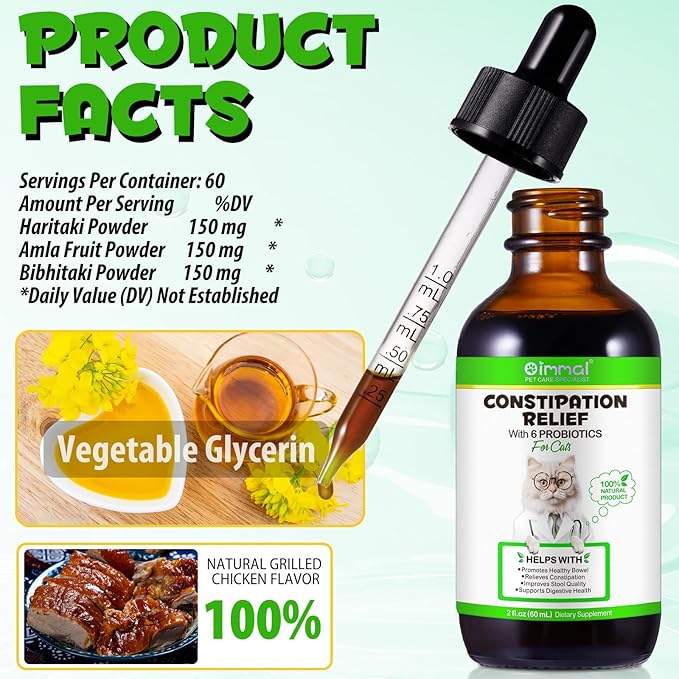 Cat Constipation Relief 2 fl oz, 100% Natural Cat Laxative with 6 Probiotics for Cats Constipation, Promotes Digestive Health, Laxative Constipation Relief, Cats Stool Softener
