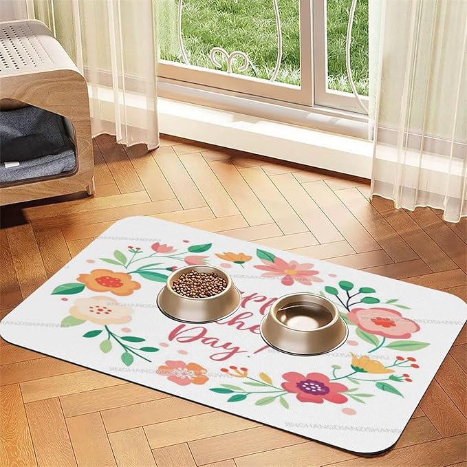 Pet Feeding Mat for Floors Waterproof Dog Mat for Food and Water Happy Mother's Day Floral Gift Mom Ld Absorbent Quick Dry Non Slip Mats Cat Bowls 18X12In