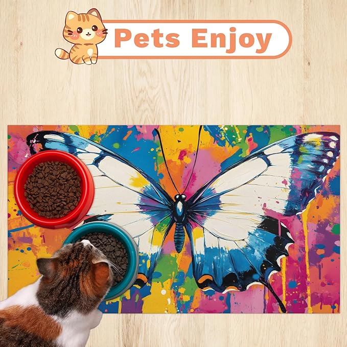 Colorful Butterfly Dog Food Mat for Floors Absorbent, Quick Dry Water Dispenser Mat for Food, Water, Pet Supplies 16" x 24", Watercolor Animals