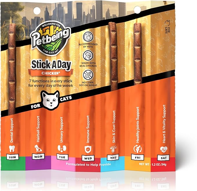 Stick a Day Cats | Specially Formulated 7-in-1 Functions Daily Real Meat Supplement for Cats | Cat Chew Stick & Pet Vitamins Supplements Combination (7-Pack x 4, Chicken)