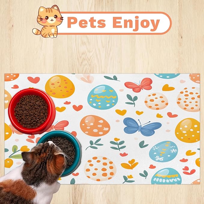 Easter Egg Dog Food Mat for Floors Absorbent Dog Bowl Mat for Food and Water Dispenser Quick Dry Cat Food Placemat Pet Supplies 12" x 20", Butterfly Flower