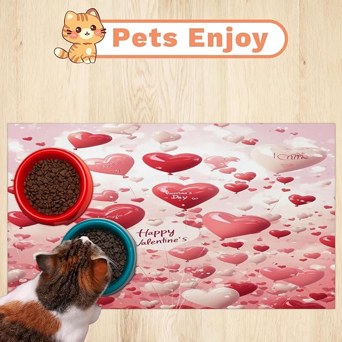 Happy Valentine's Dog Food Mat for Floors Absorbent, Quick Dry Water Dispenser Mat for Food, Water, Pet Supplies 24" x 32", Pink Love
