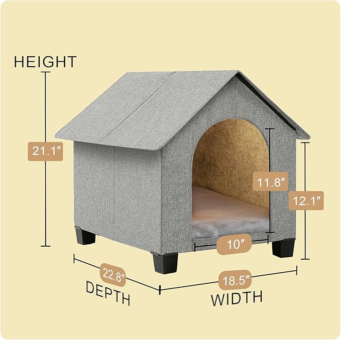 Indoor Dog House, Elevated Foldable Dog Cave Bed with Removable Plush Mat for Medium Dogs and Cats Up to 20.8 Inches Long