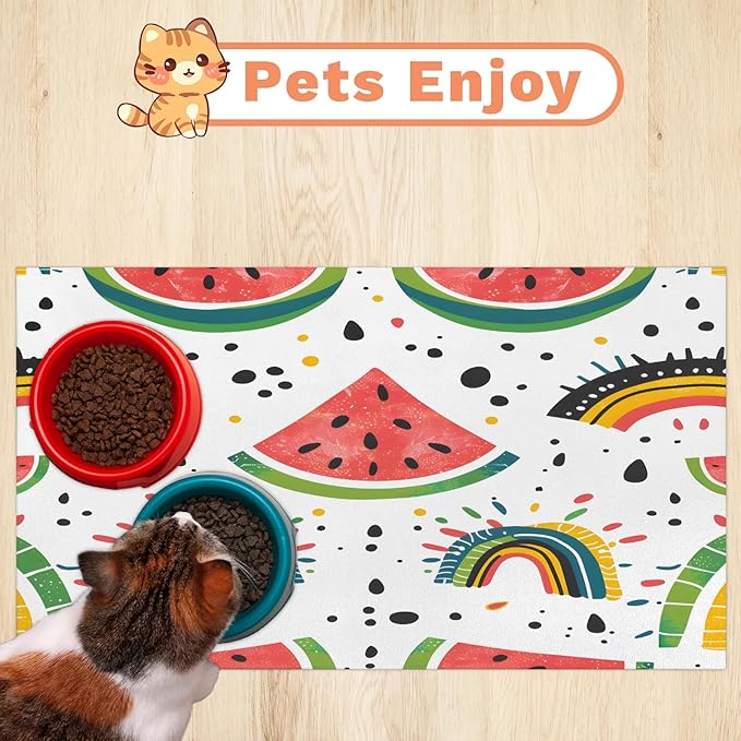 Boho Rainbow Dog Food Mat for Floors Absorbent Dog Bowl Mat for Food and Water Dispenser Quick Dry Cat Food Placemat Pet Supplies 17" x 30", Watermelon Fruit