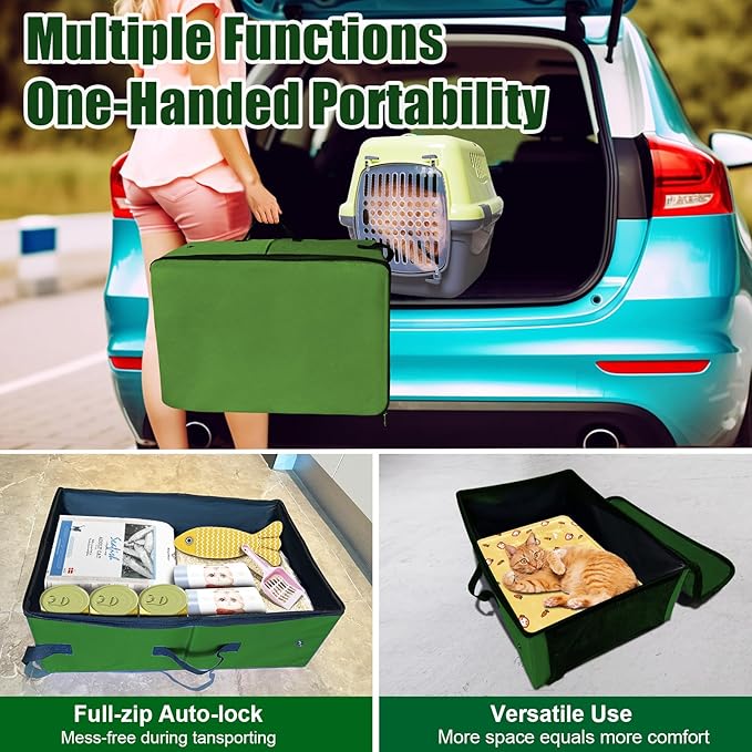20x14x6.5 Inches, Large Portable Cat Travel Litter Box with Zipped Lid & 10 Liners, Leak-Proof, Lightweight, Sturdy & Waterproof and Foldable Travel Cat Litter Box for Hotels, Car, & Camping