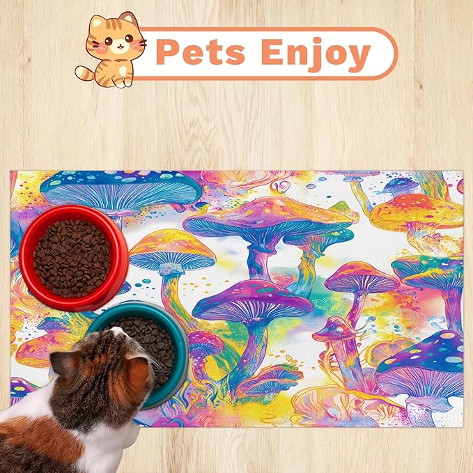 Mushroom Dog Food Mat for Floors Absorbent Dog Bowl Mat for Food and Water Dispenser Quick Dry Cat Food Placemat Pet Supplies 12" x 20", Watercolor Plant