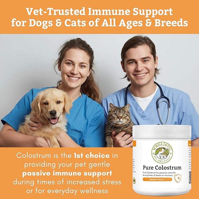 Wholistic Pet Organics Colostrum for Dogs & Cats - Bovine Colostrum Powder - Cat & Dog Allergy Relief, Immune Support & Itching Skin Relief - Cat and Dog Vitamins for Itchy Skin - 2 oz - 140 Scoops