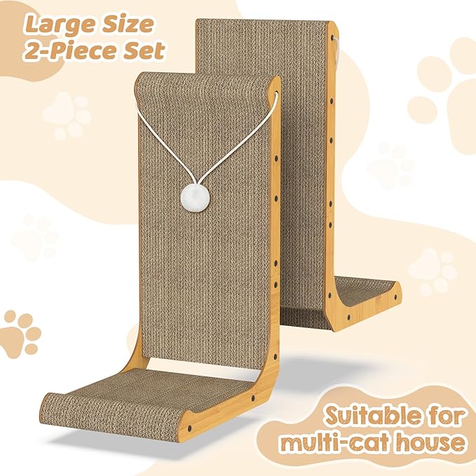 2-Pack Cat Scratching Board, 25.6'' Tall L-Shaped Cardboard Cat Scratcher with Hanging Ball Toy & Raised Edges, Vertical Cat Scratching Post for Indoor Cats, Wall & Couch Protector