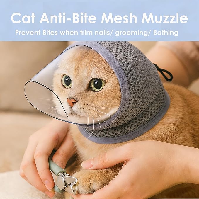Cat Muzzle for Grooming, Breathable Mesh Muzzle for Cats That Bite to Prevent Biting, Cat Head Cover for Kitten Nail Trimming Bathing, M