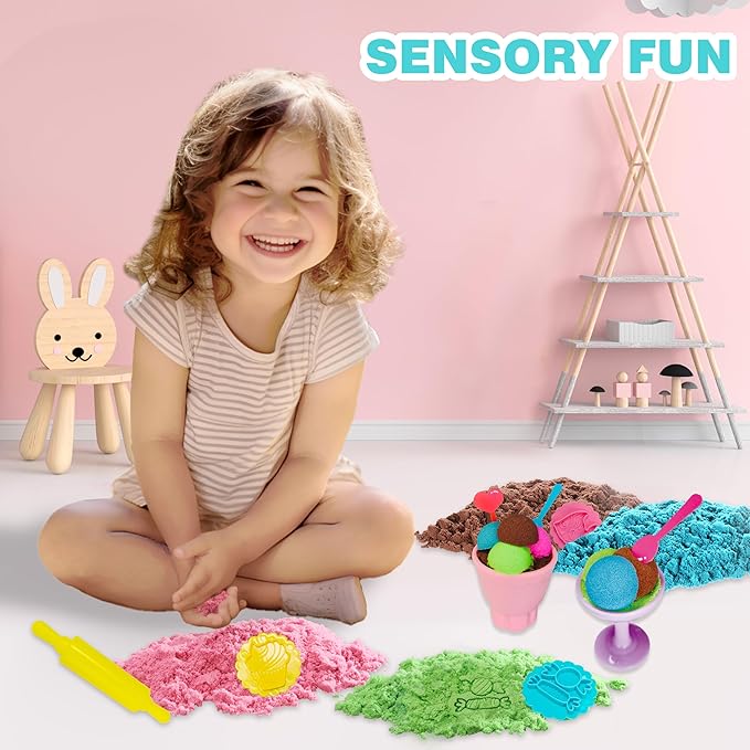 Sensory Bin,Ice Cream and Cakes Sensory Kit,Kids Play Sand Kit,Sandbox with Sensory Sand Girls and Boys,Sensory Toys for Kids 3 4 5 6 Year Old