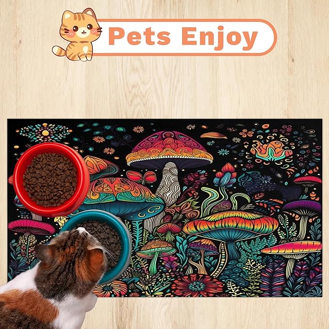 Retro Mushroom Dog Food Mat for Floors Absorbent Dog Bowl Mat for Food and Water Dispenser Quick Dry Cat Food Placemat Pet Supplies 12" x 20", Garden Plant