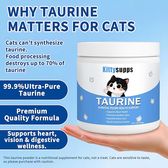 Kittysupps Taurine Powder for Cats, Immune Support, Boost Energy & Vitality,Improves Hair Health, Supports Heart Health, Easy to Mix in Food, with Dosing Spoon, 200g