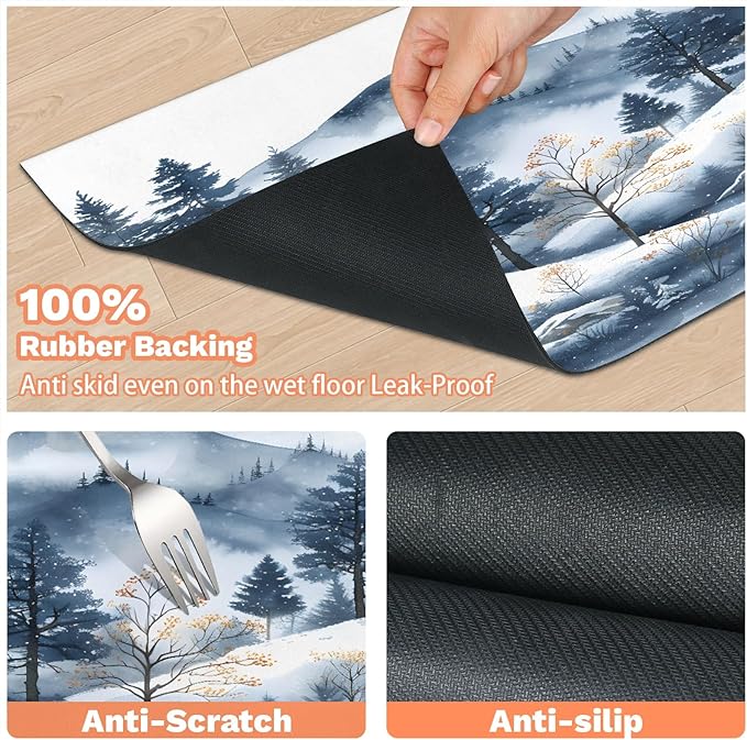 Rustic Villages Dog Food Mat for Floors Absorbent, Quick Dry Water Dispenser Mat for Food, Water, Pet Supplies 16" x 24", Winter Snowflake