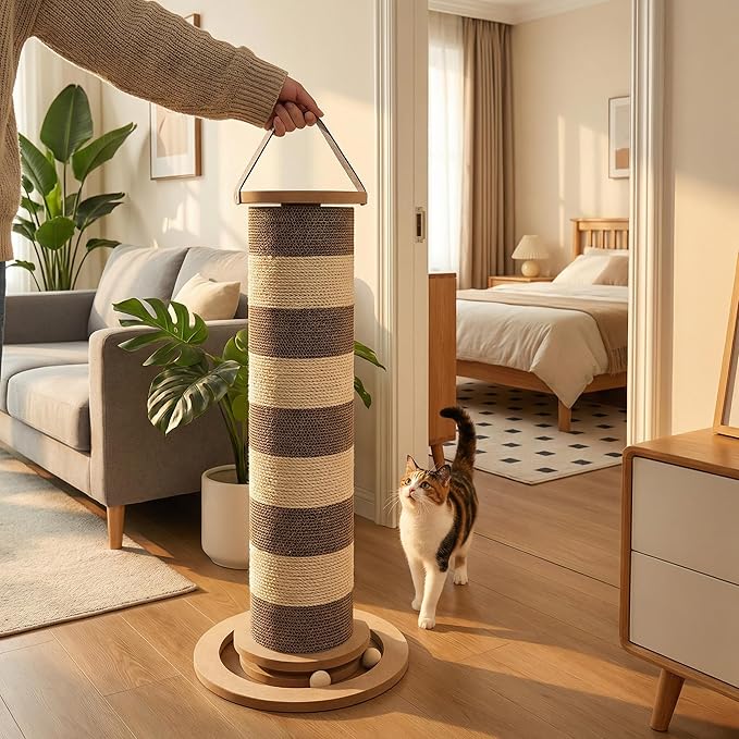24” Cat Scratching Post – Vertical Cardboard Cat Scratcher for Indoor Cats & Kittens, Modular Replaceable Blocks, Stable Base Cat Post, Space-Saving Scratching Post Tower