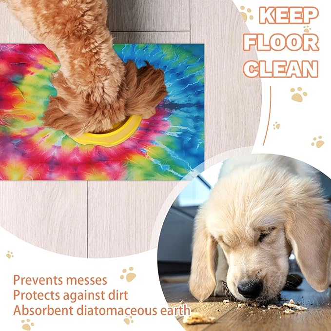Colorful Tie Dye Dog Food Mat for Floors Absorbent, Quick Dry Water Dispenser Mat for Food, Water, Pet Supplies 17" x 30", Rainbow