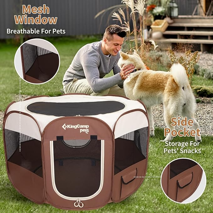 KingCamp Dog Playpen, Portable Foldable Cat Kitten Puppy Tent Crates 29"/36"/50" Pop Up Pet Playpen with Zippered Bottom & Cover for Indoor Outdoor Use (Medium, Khaki)