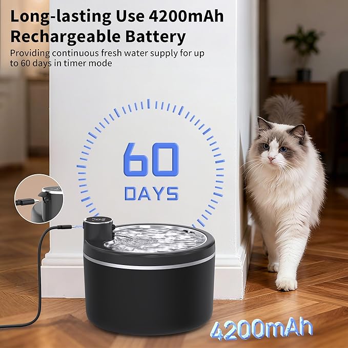 Cat Water Fountain Cordless, 108oz/3L Pet Fountains for Cats Indoor with Stainless Steel Tray, Battery Operated Cat Drinking Fountain with Motion Sensor, Ultra Quiet Pump (Cat Fountain+8Filters)