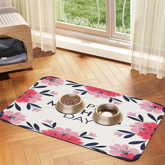 Dog Food Mats for Floors Happy Mother's Day Floral Gift for Mom Jg Absorbent Pet Cat Food Mat Quick Dry Dog Bowl Mats Water Pet Supplies 18X12In