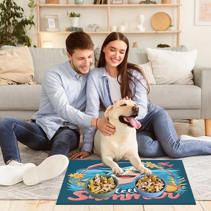 Funny Sharks Dog Food Mat for Floors Absorbent Dog Bowl Mat for Food and Water Dispenser Quick Dry Cat Food Placemat Pet Supplies 24" x 32", Hello Summer