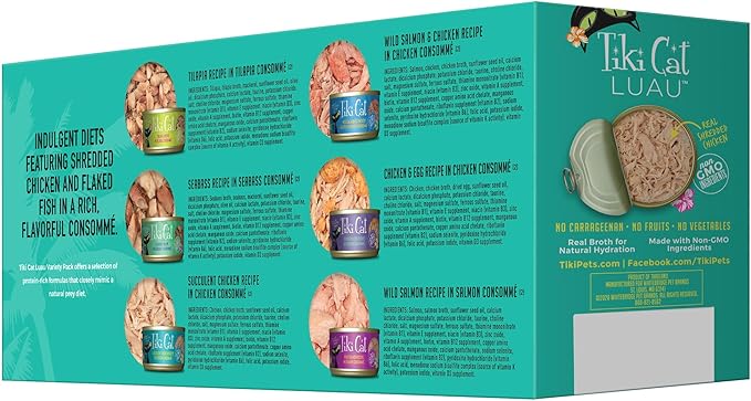 Tiki Cat Luau Grain-Free, Low-Carbohydrate Wet Food with Poultry or Fish in Consomme for Adult Cats & Kittens, 2.8oz, 12pk, Variety