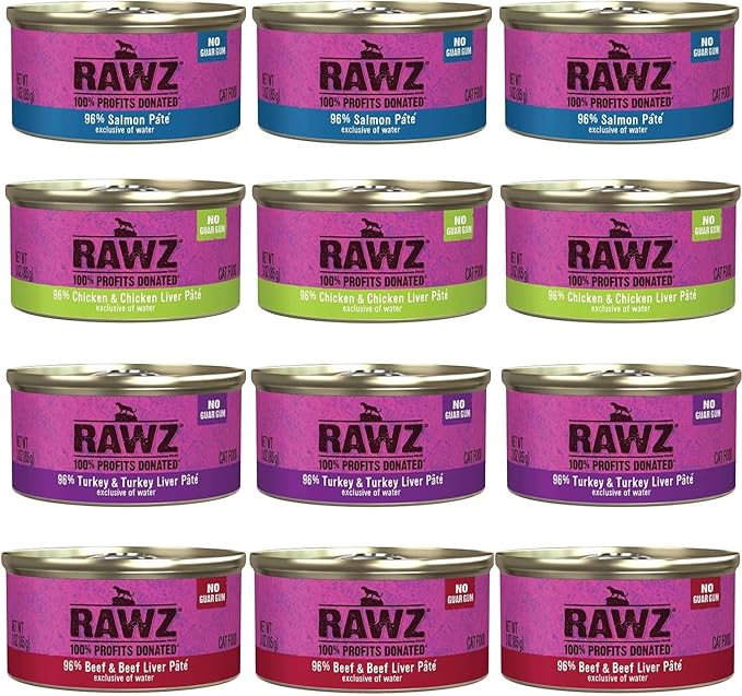 Rawz Natural Premium Pate Canned Cat Wet Food -12 Pack Cans Variety Pack -4 Flavors - (Salmon, Chicken, Turkey, Beef) - (3oz Can Lid)