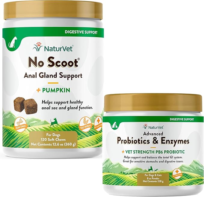 NaturVet – Advanced Probiotics & Enzymes|Supports and Balances Pets with Sensitive Stomachs & Digestive Issues 8 oz & No Scoot for Dogs - 120 Soft Chews - Supports Healthy Anal Gland & Bowel Function