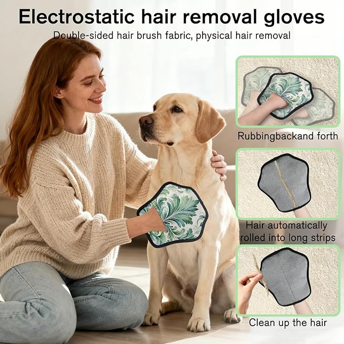Green Floral Print Electrostatic Pet Hair Removal Glove for Cats & Dogs - Reusable Grooming Mitt for Couch, Carpet, Car Seat & Laundry - Large 9x9 Inch
